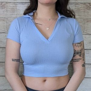 NWT Pink Rose baby blue collared crop top